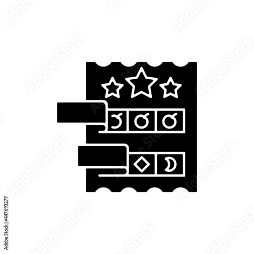 Break open lottery ticket black glyph icon. Paper-style game. Instant prizes for winning combinations. Revealing matching symbols. Silhouette symbol on white space. Vector isolated illustration