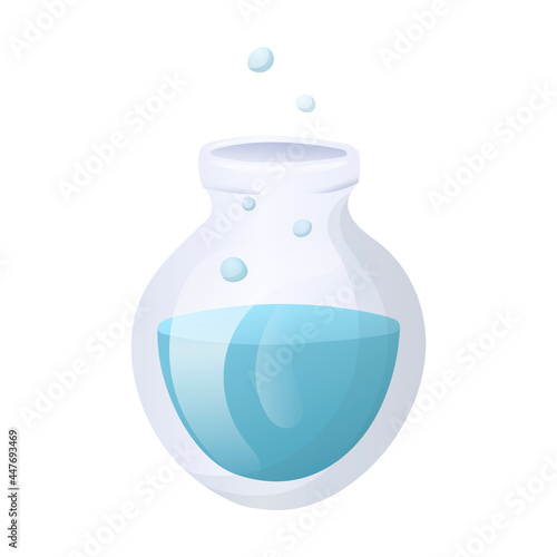 Vector cartoon image of a glass flask for chemical experiments with a liquid or reagent inside. Laboratory glassware for school or university.
