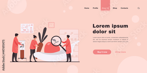 Biology scientists doing research on fruits. People cultivating plants in lab. Vector illustration for gmo food, agriculture, science concept