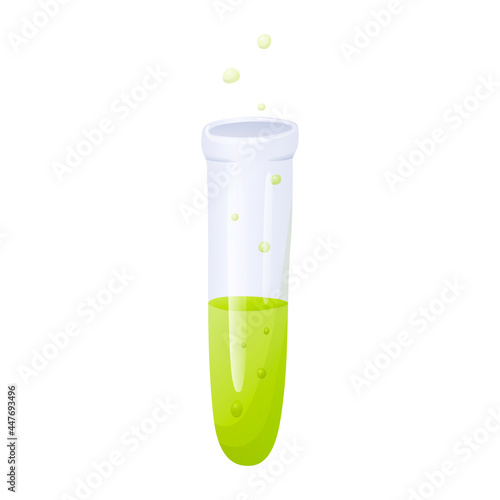 Vector cartoon image of a glass flask for chemical experiments with a liquid or reagent inside. Laboratory glassware for school or university.