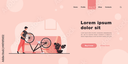 Man repairing bicycle at home. Wheel, sofa, living room flat vector illustration. Transport and maintenance concept for banner, website design or landing web page