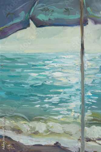 Abstract oil painting blue turquoise sea. Summer art background. Natural blue and white pattern of a beach umbrella. Impressionism in painting. A sea sketch, a fragment of a painting. Contemporary Art