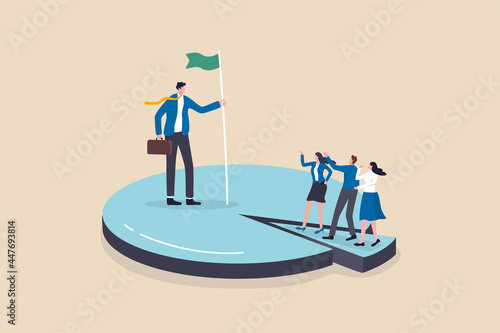 Business winning market share, earn high percentage of product sale, company achieve profit growth concept, success entrepreneur businessman holding flag standing on pie chart win over competitors.