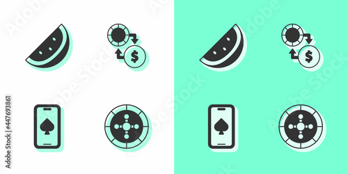 Set Casino roulette wheel, slot machine with watermelon, Online poker table game and chips exchange money icon. Vector