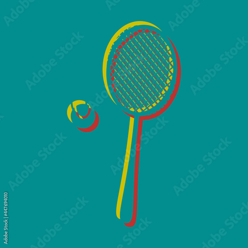 Tennis racquet with ball sign. Pseudo 3d embossed icon with citrine and persian red colors on dark cyan background. Illustration.
