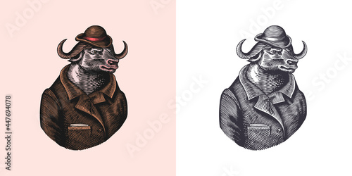  Buffalo Bull character in coat. Fashionable animal, vitorian gentleman. Hand drawn Engraved old monochrome sketch. Vector illustration for t-shirt, tattoo or badge or print. photo