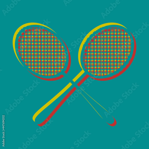 Two tennis racket sign. Pseudo 3d embossed icon with citrine and persian red colors on dark cyan background. Illustration.
