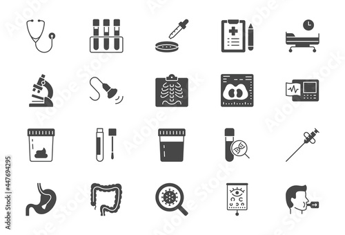 Medical check up flat icons. Vector illustration include icon - radiology, stethoscope, xray, ultrasound, pcr, petri dish glyph silhouette pictogram for health diagnostic. Black color