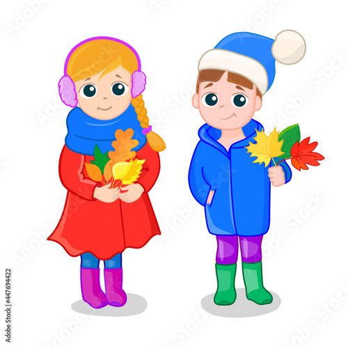 Kid with autumn leaves in theirs hands in cartoon style isolated on white background. Girl and boy picking leaves. Vector.