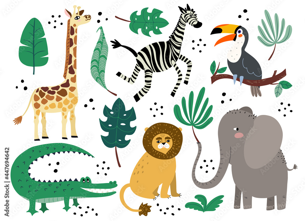 Naklejka premium Cute African animal vector set in flat doodle style