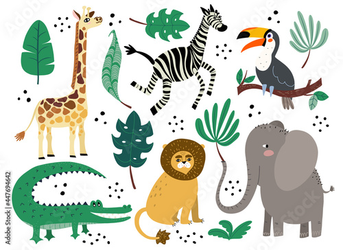 Fototapeta Naklejka Na Ścianę i Meble -  Cute African animal vector set in flat doodle style