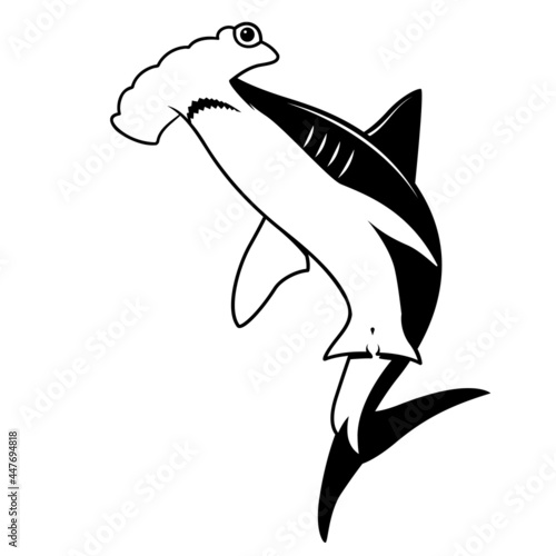 Great hammerhead shark swimming drawing, black vector shark hunting prey.