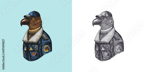  Eagle character in coat. Aviator pilot. Fashionable animal, vitorian airman or skyman. Hand drawn Bird. Engraved old monochrome sketch. Vector illustration for t-shirt, tattoo or badge or print.