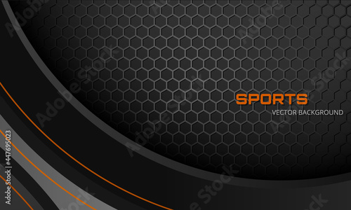 Dark gray abstract sports vector background with hexagon carbon fiber and orange lines. Futuristic modern sporty gaming banner. Vector illustration.