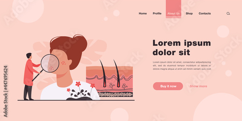 Tiny dermatologist examining dry face skin flat vector illustration. Abstract epidermis disease diagnostics or treatment. Dermatology, health medical protection and cosmetology concept