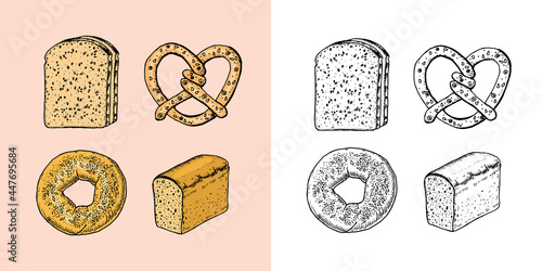 Bakery products set. Donut and bread, croissant and sandwich. Engraved hand drawn in old sketch and vintage style for label and menu bakery shop. 