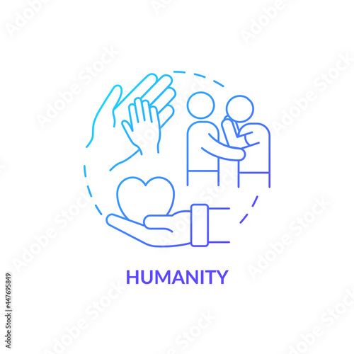 Humanity against people suffering concept icon. Humanitarian aid charachters. Empathy, mercy and compassion in emergency abstract idea thin line illustration. Vector isolated outline color drawing.