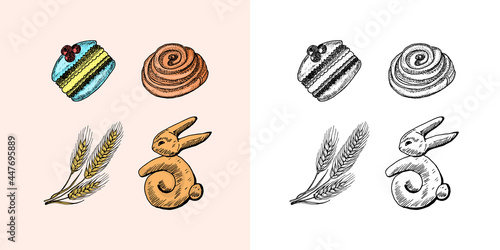 Bakery products. Pie or Kurnik and cookies, rabbit sweets and desserts. Engraved hand drawn in old sketch and vintage style for label and menu bakery shop. organic food.
