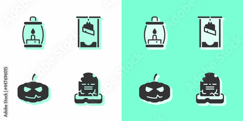 Set Tombstone with RIP written, Camping lantern, Pumpkin and Guillotine icon. Vector