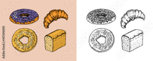 Bakery products set. Donut and bread, croissant and sandwich and donut. Engraved hand drawn in old sketch and vintage style for label and menu bakery shop. 