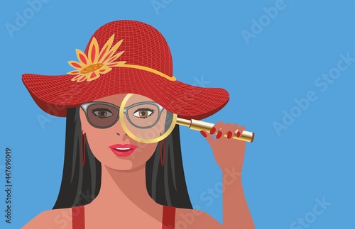 Woman with magnifying glass. Vector illustration. EPS10.
