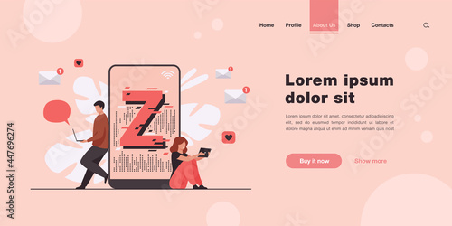 Virtual tiny people messaging in social media flat vector illustration. Characters near huge smartphone. Modern demography trend with progressive youth gen. Z generation and digital technology concept