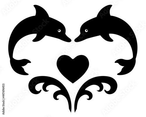 Heart of Jumping Dolphins and Waves - vector black silhouette for logo or stencil. Heart, dolphins and water splashes - a template for a tattoo, mehendi