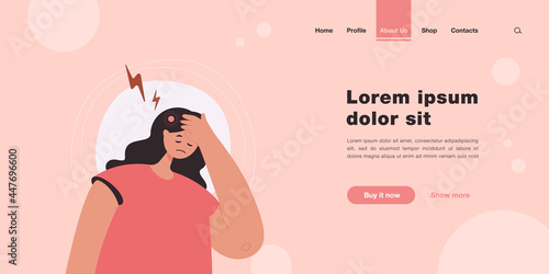 Sad woman suffering from headache. Tired female with migraine, pain, stress from work flat vector illustration. Headache, burnout, health problem concept for banner, website design or landing web page
