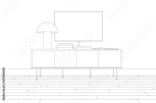 Contour of room with TV, table and books isolated on white background. Front view. Vector illustration