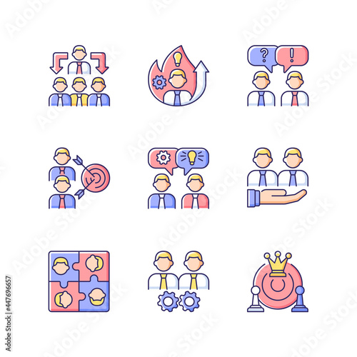 Team working RGB color icons set. Business cooperation. Collective communication. Coworkers interaction and cohesion. Isolated vector illustrations. Simple filled line drawings collection