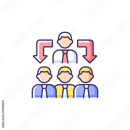 Coordination RGB color icon. Business relations. Process of organizing people. Team work communication. Colleagues work together. Isolated vector illustration. Simple filled line drawing