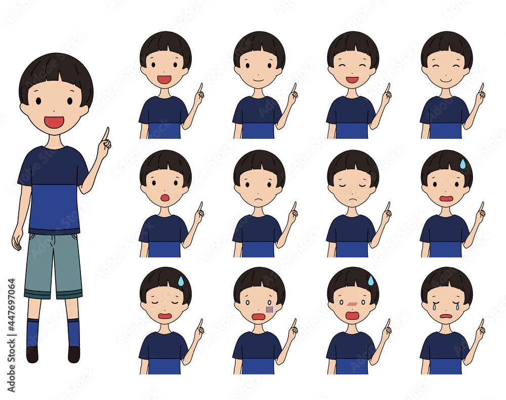 案内をする笑ったり落ち込んだりする男の子の上半身イラストセット 案内をする笑ったり落ち込んだりする男の子の上半身イラストセット
