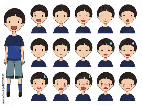 笑ったり落ち込んだりする色んな表情の男の子の顔のイラストセット