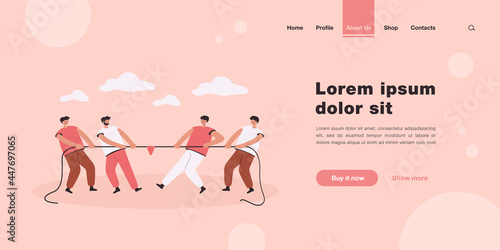 Two office teams of people pulling rope isolated flat vector illustration. Cartoon strong characters playing game and competing in contest. Confrontation, competition and challenge concept