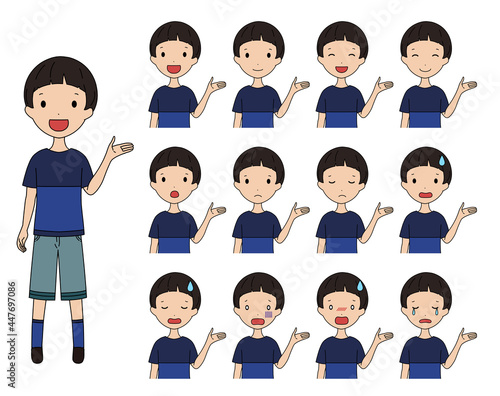 案内をする笑ったり落ち込んだりする男の子の上半身イラストセット