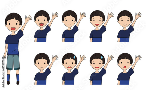 手を挙げている笑ったり悩んだりする男の子の上半身イラストセット