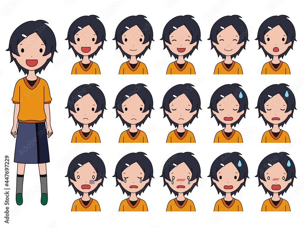笑ったり落ち込んだりする色んな表情の女の子の顔のイラストセット 笑ったり落ち込んだりする色んな表情の女の子の顔のイラストセット