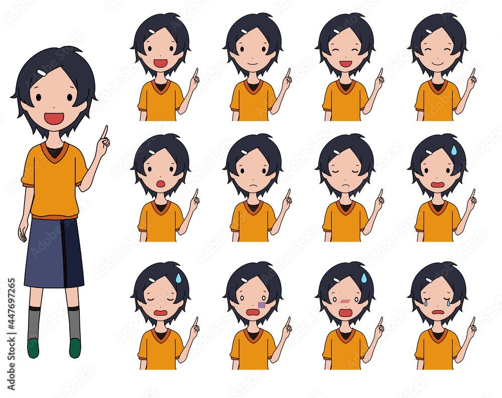 案内をする笑ったり落ち込んだりする女の子の上半身イラストセット 案内をする笑ったり落ち込んだりする女の子の上半身イラストセット