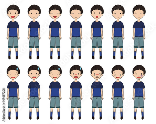 笑ったり落ち込んだりする色んな表情の男の子の全身イラストセット