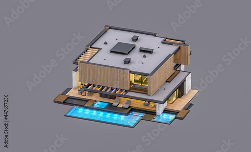 3d rendering of modern cozy house with parking and pool for sale or rent with wood plank facade in evening. Isolated on gray