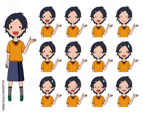 案内をする笑ったり落ち込んだりする女の子の上半身イラストセット