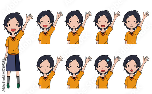 手を挙げている笑ったり悩んだりする女の子の上半身イラストセット