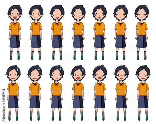 笑ったり落ち込んだりする色んな表情の女の子の全身イラストセット