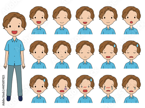 笑ったり落ち込んだりする色んな表情の男の子の顔のイラストセット