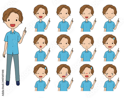 案内をする笑ったり落ち込んだりする男の子の上半身イラストセット