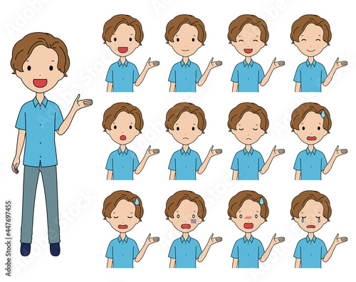 案内をする笑ったり落ち込んだりする男の子の上半身イラストセット