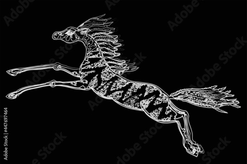 Vector contour watercolor brush drawing of galloping decorative horse