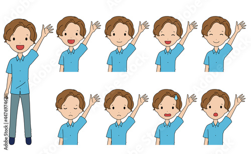 手を挙げている笑ったり悩んだりする男の子の上半身イラストセット
