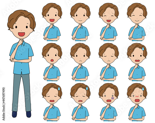 考えるポーズの笑ったり悩んだりする男の子の上半身イラストセット