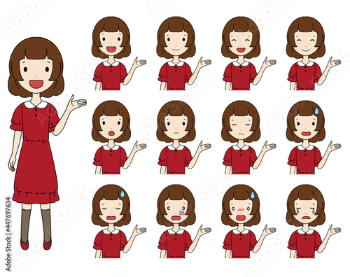案内をする笑ったり落ち込んだりする女の子の上半身イラストセット